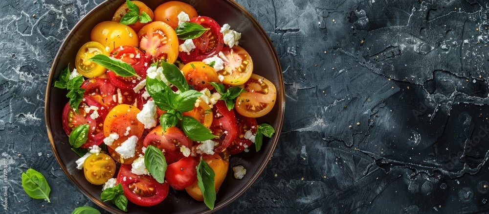 Aufkleber overhead view of a vibrant tomato salad with red and yellow tomatoes feta cheese on a stone surface 
