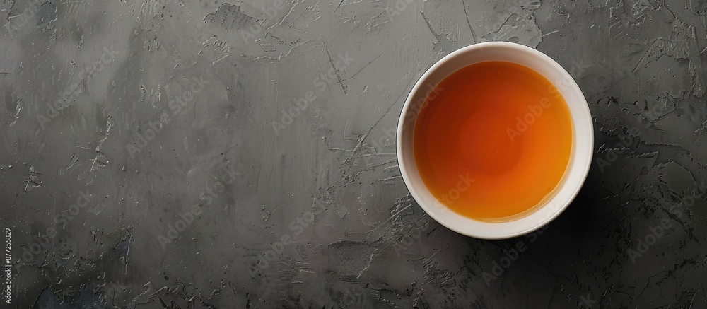 Poster A nutritious bowl of broth on a gray surface with a top down perspective offering a wide horizontal copy space image for a banner design