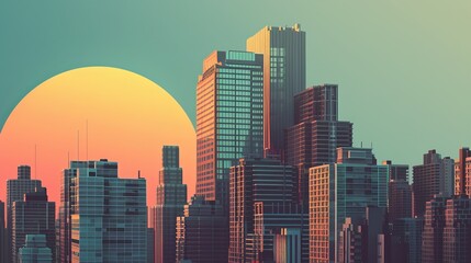 Obraz premium Urban Skyline at Sunset: Geometric Illustration of Skyscrapers with Vibrant Colors