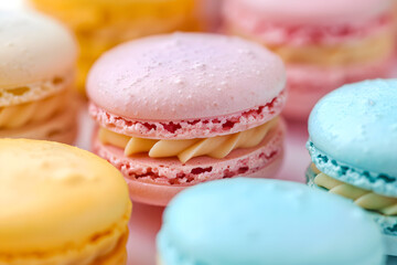 Fototapeta premium Colorful macarons in pastel colors on background.