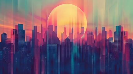 Urban Skyline at Sunset: Geometric Illustration of Skyscrapers with Vibrant Colors