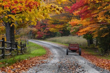 Naklejka premium Scenic rural road with vibrant autumn foliage, a rustic cart, and a wooden fence, capturing the serene beauty of fall countryside.