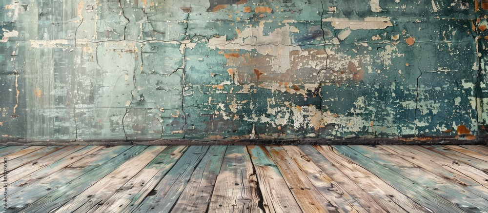 Poster old wooden floor with peeling paint creating a grunge background for a copy space image