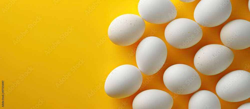 Poster Eggs with a white shell are placed against a bright yellow backdrop creating a vibrant composition with ample copy space image