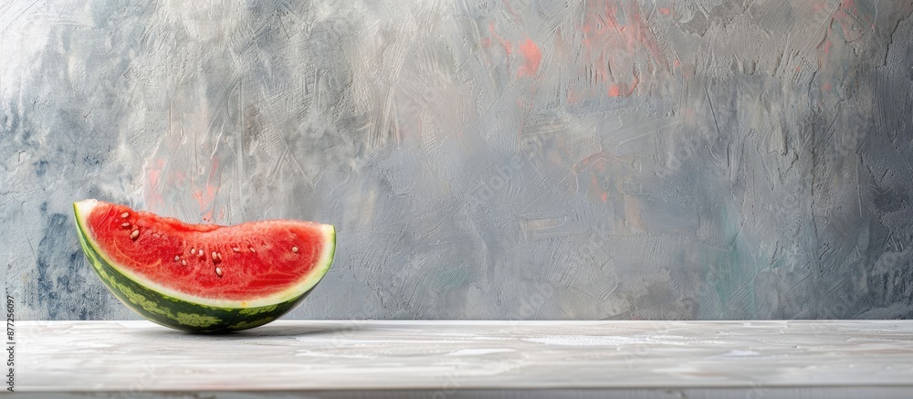 Poster a half of a delicious ripe red watermelon is placed on a white wooden table with a gray background c