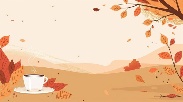 Autumn landscape with a cup of coffee on ground surrounded by fall leaves and tree branches in the background.