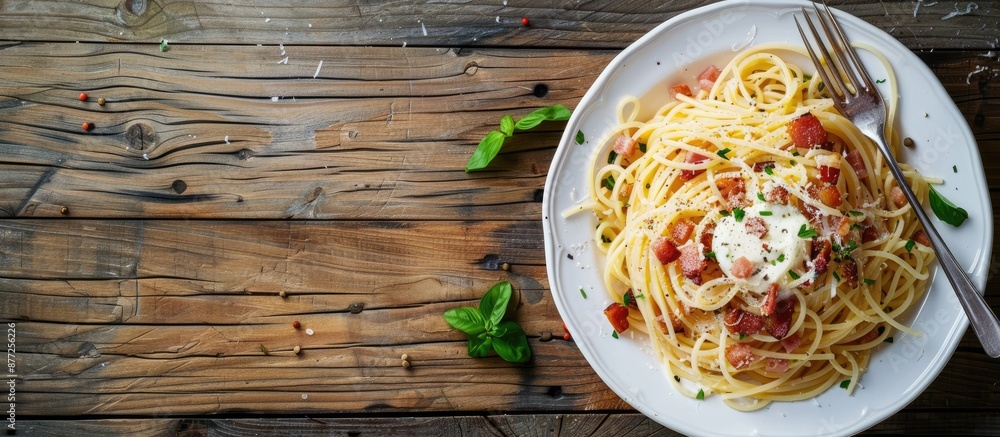 Leinwandbilder Plate of spaghetti carbonara with white sauce ham and bacon on a wooden table with a background suitable for adding text or an image. with copy space image. Place for adding text or design