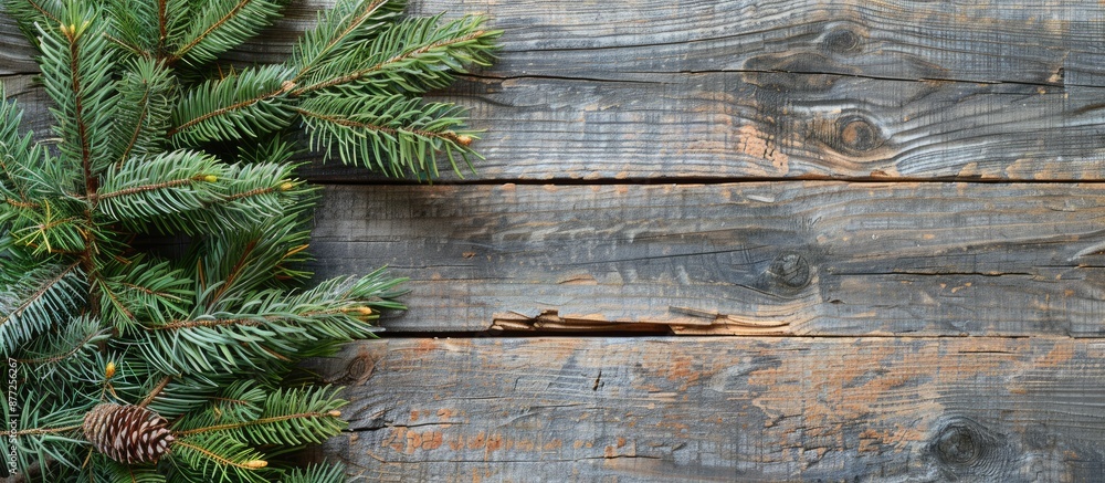 Poster festive christmas backdrop on weathered wood showcasing a green fir branch in the copy space image