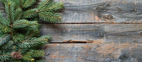 Fototapeta premium Festive Christmas backdrop on weathered wood showcasing a green fir branch in the copy space image