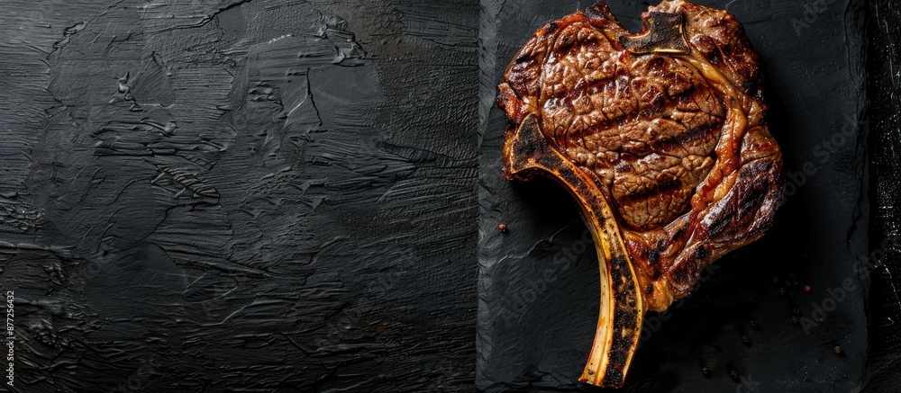 Leinwandbilder top view of a bbq grilled tomahawk veal steak on a butcher table with a black background ideal for a