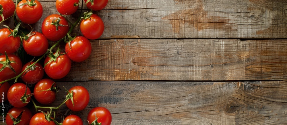 Poster top view of tomatoes on a wooden backdrop with copy space image