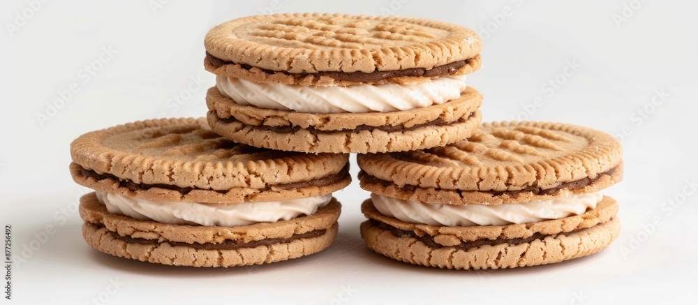 Aufkleber sandwich cookies featuring creamy filling featured on a white backdrop with a clear area for additio
