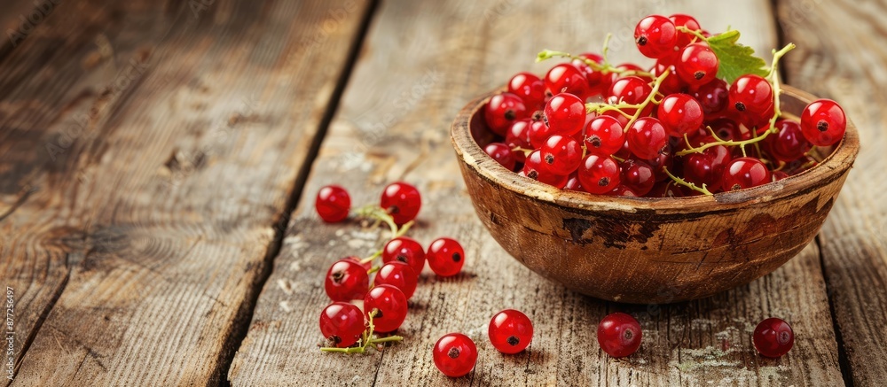 Fototapete A bowl filled with ripe red currants on a rustic wooden surface with ample copy space for an image