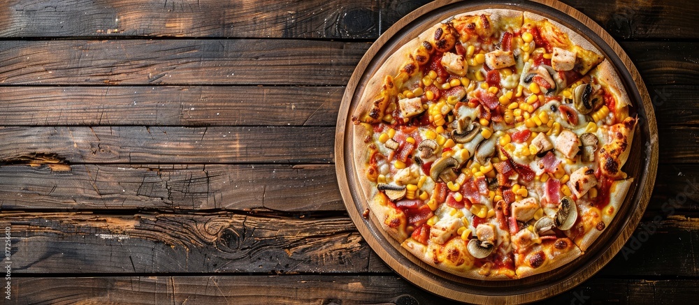 Poster top view of a quarter pizza topped with chicken breast corn bacon and mushrooms on a round wooden pl