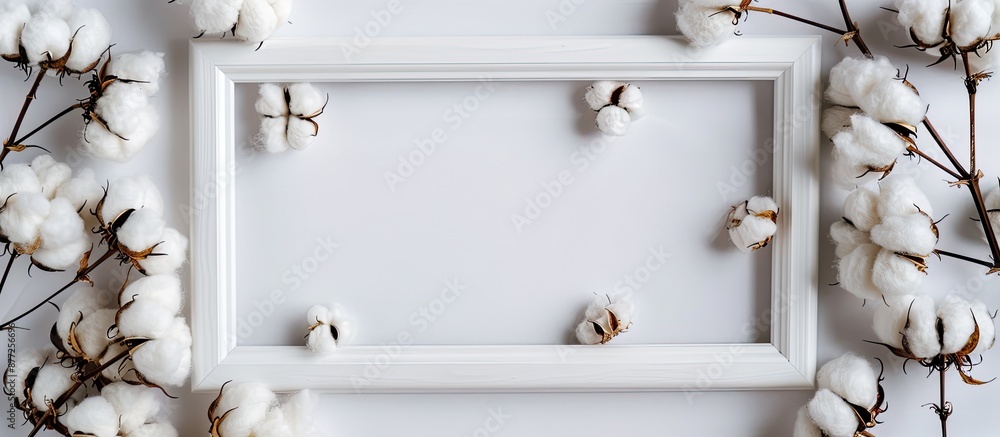 Poster A white frame atop cotton on a white background Top view with copy space image