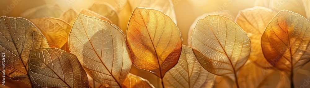 Poster beautiful close-up of autumn leaves with warm sunlight filtering through, creating a serene and peac