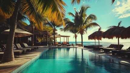 Fototapeta premium Cocktail Hour by the Pool: Relaxing with Palm Trees
