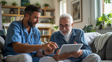 Male nurse showing tablet to elderly man while sitting in the living room, Happy moment, The concept of retirement home nursing.