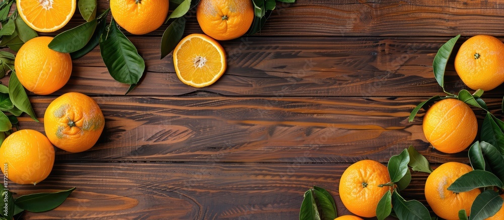 Poster top view of fresh oranges displayed on a wooden table with ample copy space image