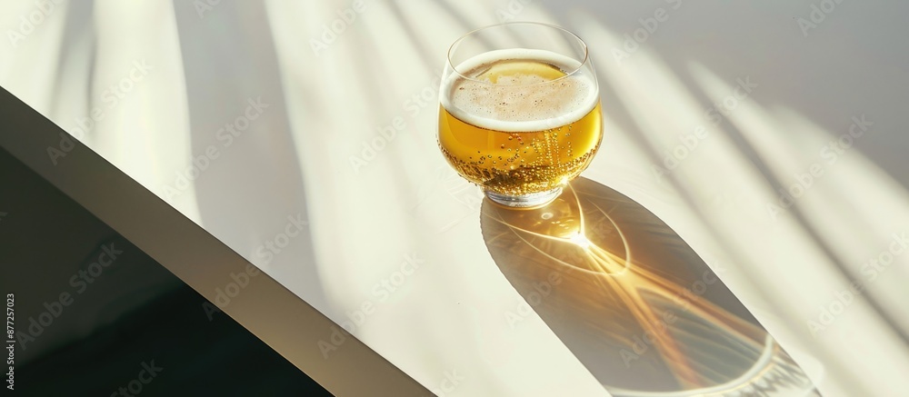 Aufkleber a glass of beer resting on a clear white table with a blank area for an image. with copy space image