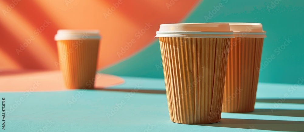 Poster a close up image featuring eco friendly cardboard cups on a colored background with copy space embod