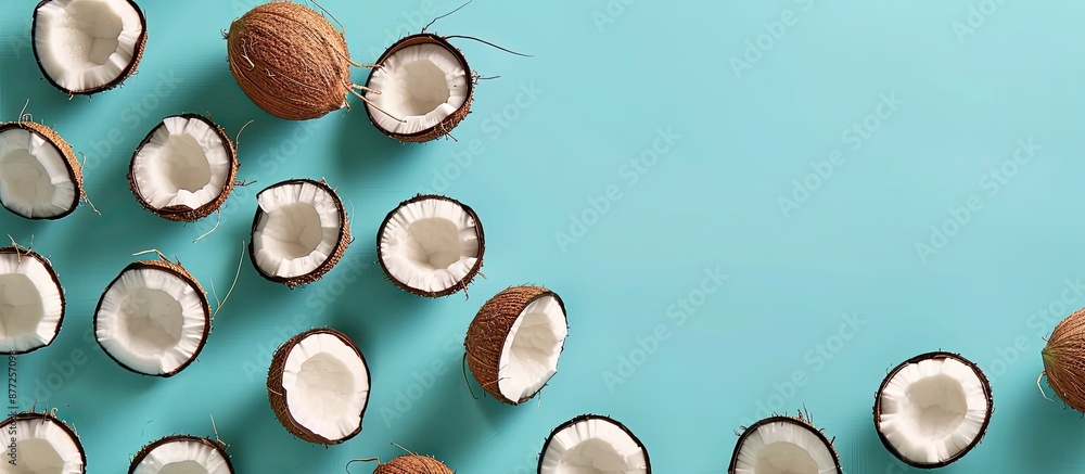 Leinwandbilder a flat lay setup displaying fresh coconut halves on a blue background with room available for text i
