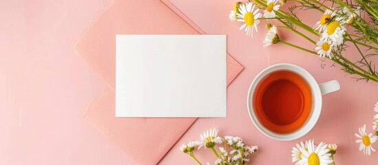 Feminine workspace setting with a blank paper card mockup alongside herbal tea and a bouquet of daisy flowers on a pastel pink background perfect for a love letter concept Flat lay view with copy spa
