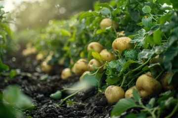 A sunlit close-up captures freshly harvested potatoes amidst earthy soil, adorned by verdant leaves, showcasing the vibrant interplay of light and agriculture in a rural setting