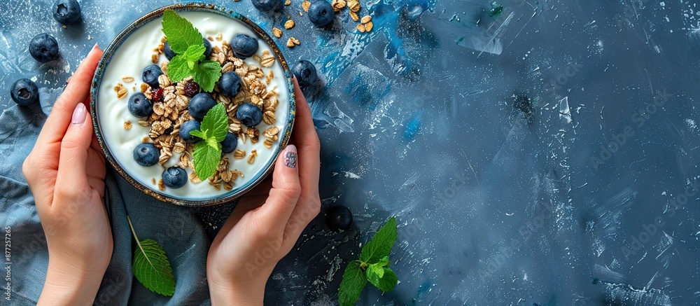 Poster Top view of a woman s hands holding a bowl with yogurt granola and blueberries with selective focus and empty space for text or other elements known as a copy space image