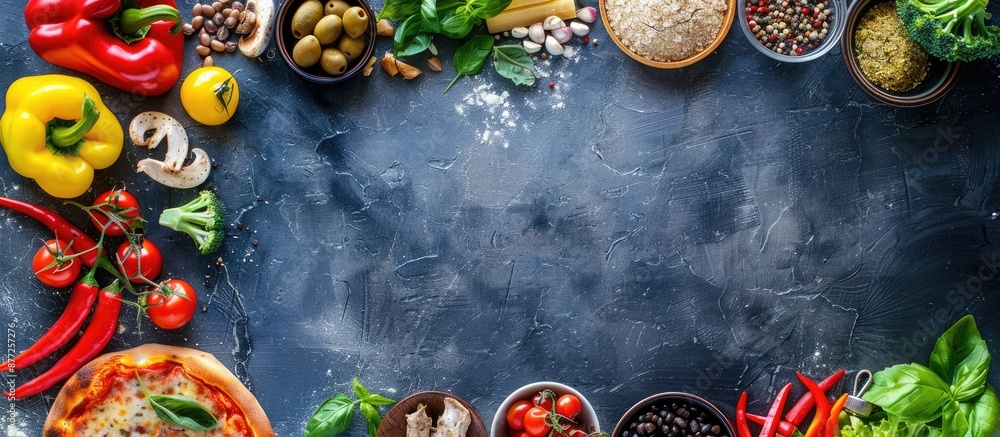 Aufkleber Background color enhances frame composed of pizza ingredients with copy space image