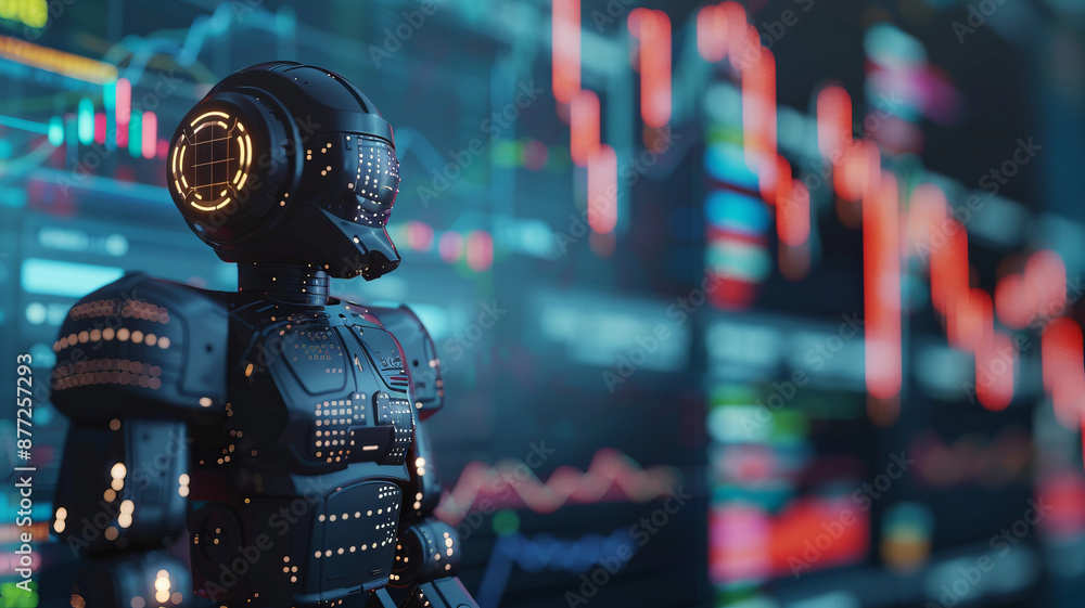 Poster trading robot standing and analyzing the crypto trading graph, symbolizing the graph growth up and a