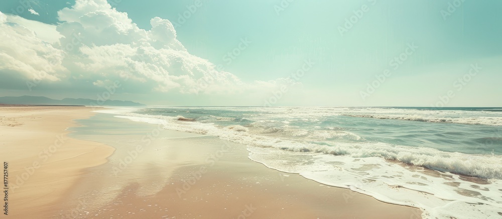 Poster scenic ocean beach captured with instagram filter showcases breathtaking views and spacious copy spa