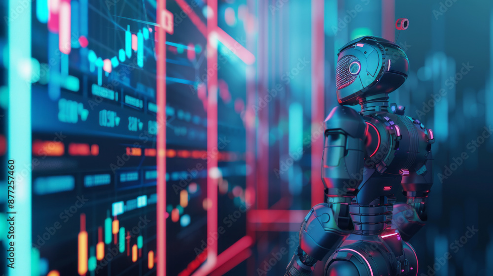 Poster trading robot standing and analyzing the crypto trading graph, symbolizing the graph growth up and a