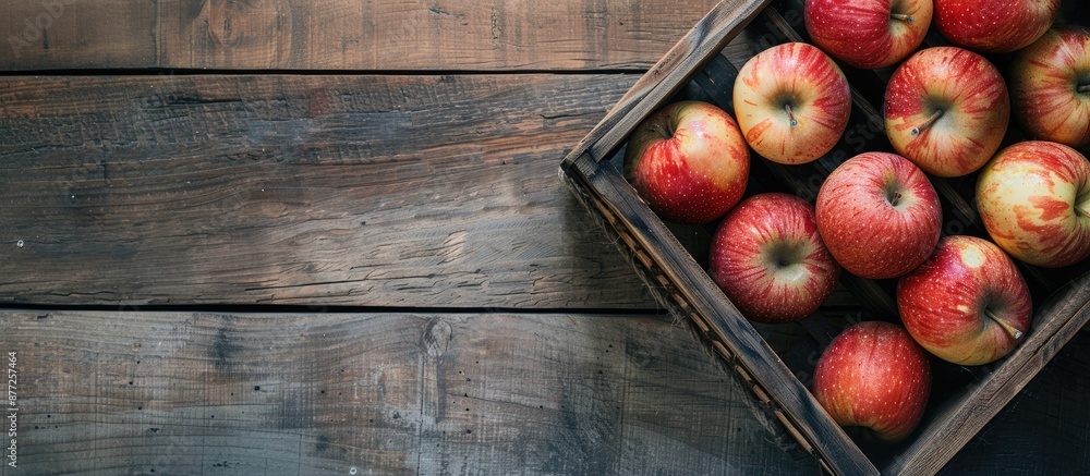 Poster Top down view of a wooden crate with fresh juicy apples on a table offering room for text in the empty area beside the image. with copy space image. Place for adding text or design