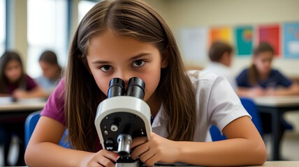 A girl using a microscope in a classroom setting, focused on science education.