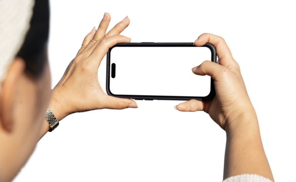 Female holding smartphone to take photo isolated on transparent background. Mobile blank screen for mockup, png file