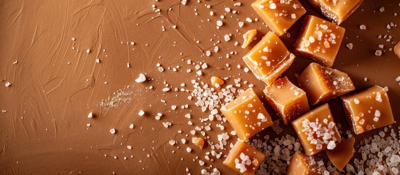 Golden butterscotch toffee caramels and salted caramel pieces sprinkled with sea salt displayed on a brown background with space for text or images. with copy space image