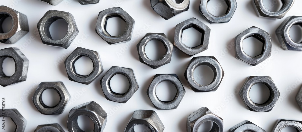 Poster close up arrangement of steel hexagon nuts or female nippers in different shapes on a white backgrou