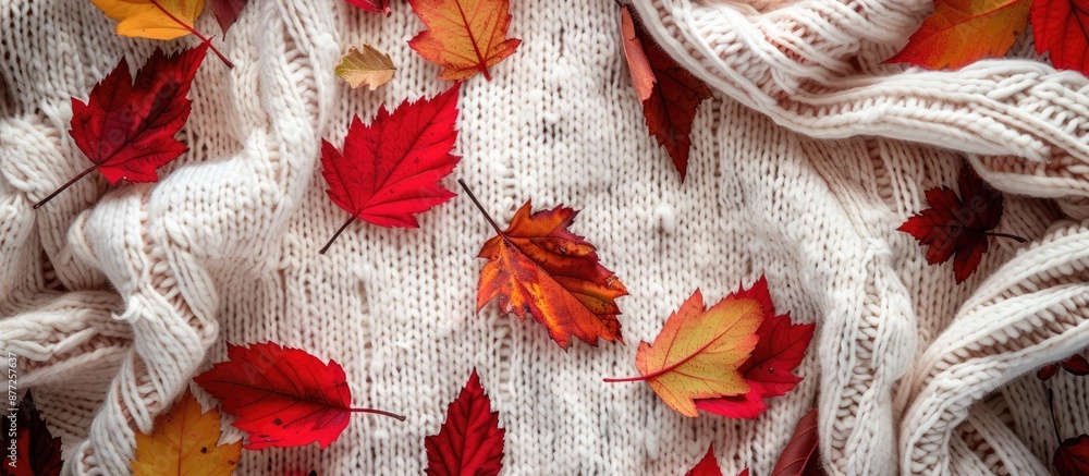 Aufkleber Top view of white knitted apparel adorned with autumn red and yellow leaves set against a background with available copy space image