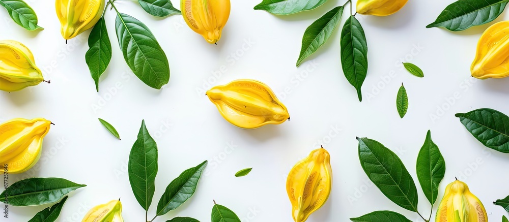Poster flat lay composition of tasty carambola fruits and leaves against a white backdrop with copy space i
