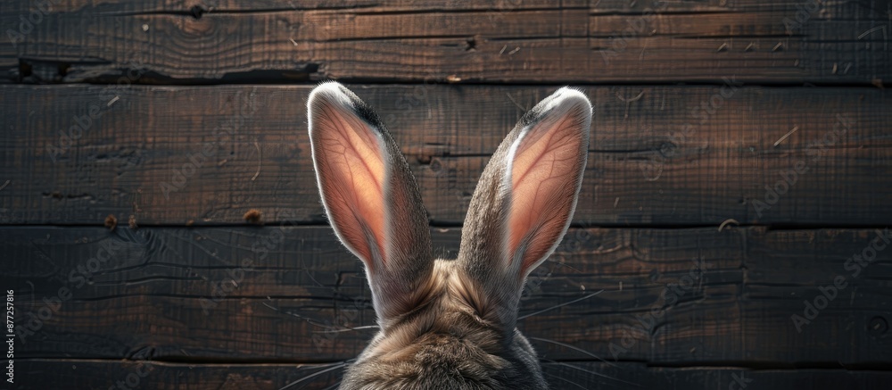 Poster top down view of the easter bunny s ears against a dark wooden background with copy space image