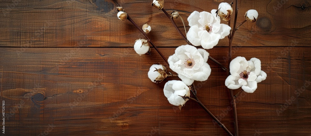 Leinwandbilder White cotton flowers arranged elegantly on a wooden backdrop creating a serene composition with plenty of space for additional elements in the image