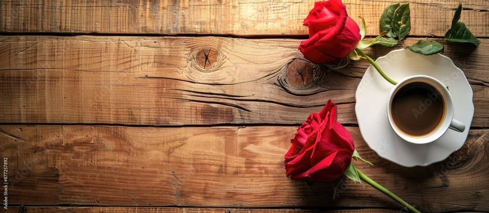 Aufkleber valentine themed setup featuring a red rose a coffee cup and a laptop mockup set against a wooden ba
