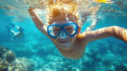 Naklejka premium Smiling Boy Snorkeling, Discovering Ocean Treasures