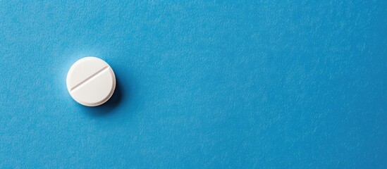 Healthcare related white circular pill displayed on a blue background with ample copy space image
