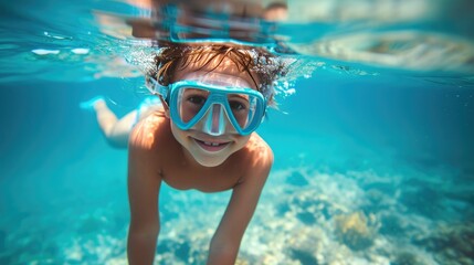 Naklejka premium Child Diving with Mask, Discovering Sea Creatures