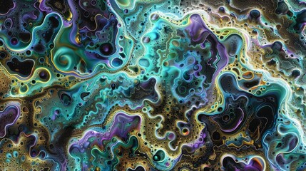 An abstract composition featuring intricate fractallike patterns with a vibrant iridescent color palette The image showcases a chaotic yet harmonious blend of colors including shades of blue green pur