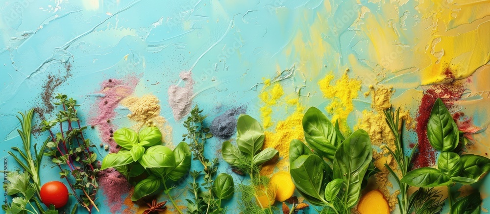 Poster fresh spices and herbs arranged artistically on a colorful background with copy space image