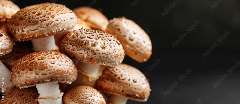 Leinwandbilder Fresh Crimini mushroom displayed in a close up shot against a black backdrop with ample copy space image available