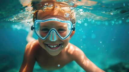 Naklejka premium Bubbling with Joy: Child Snorkeling Portrait